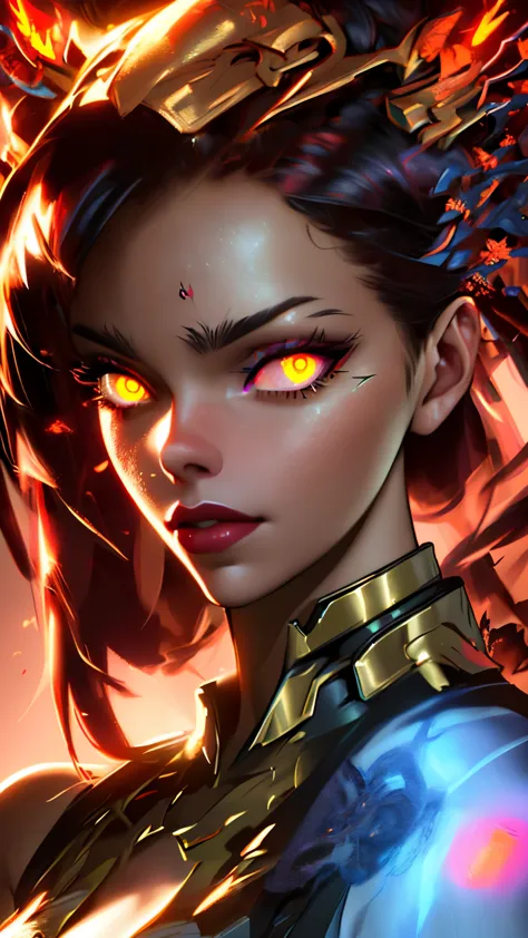 a close up of a woman with yellow eyes and a red lipstick, artgerm ; 3d unreal engine, ig model | artgerm, with glowing red eyes...