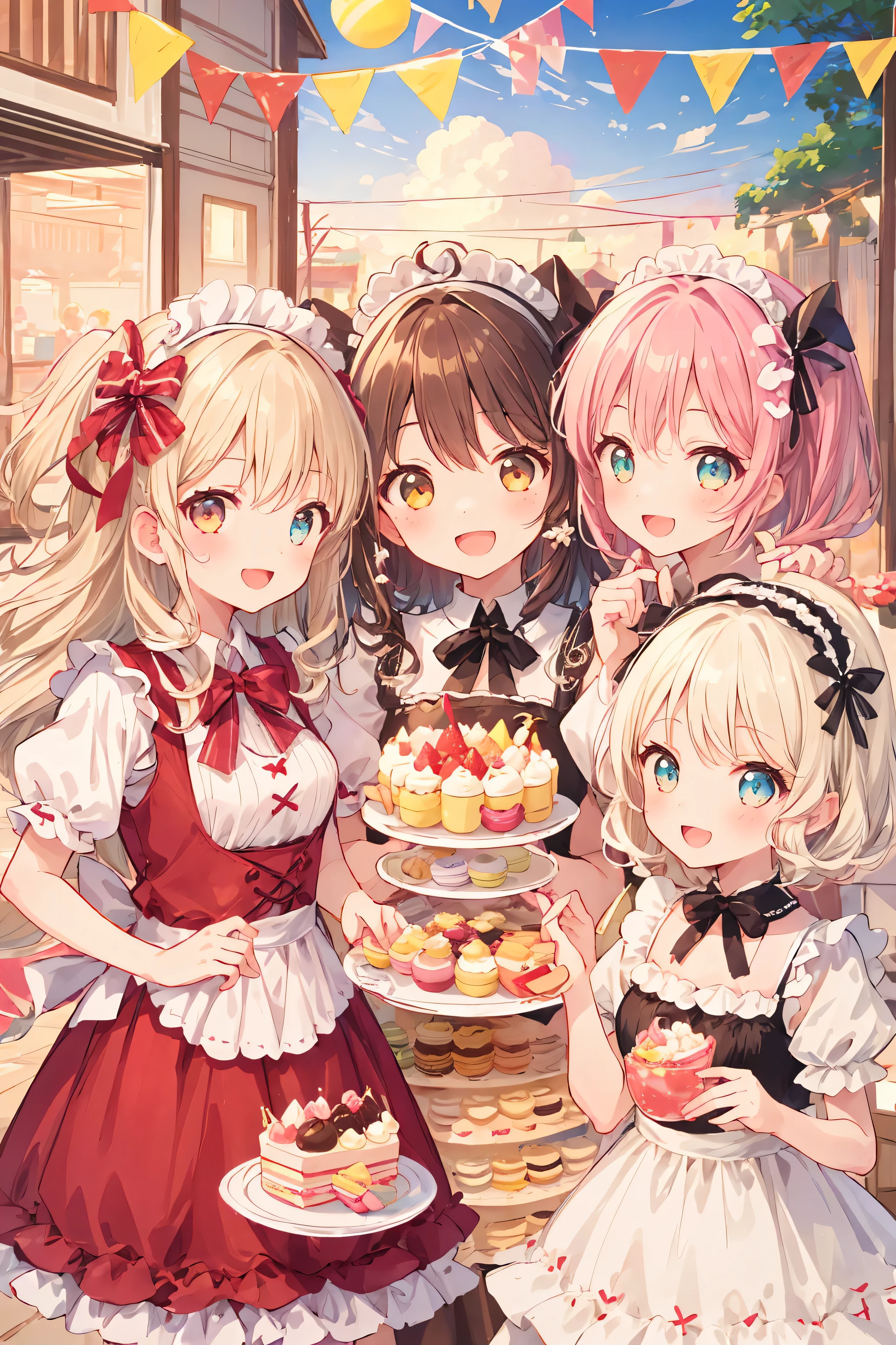 4+ Filles, poils multicolores, douces servantes, visages mignons au hasard, super heureux souriant, bouche ouverte, Photo de groupe, caméra zoom, goûter sucré, beaucoup de gâteaux, macarons, des chocolats, parfaits, Biscuits, pays des douceurs