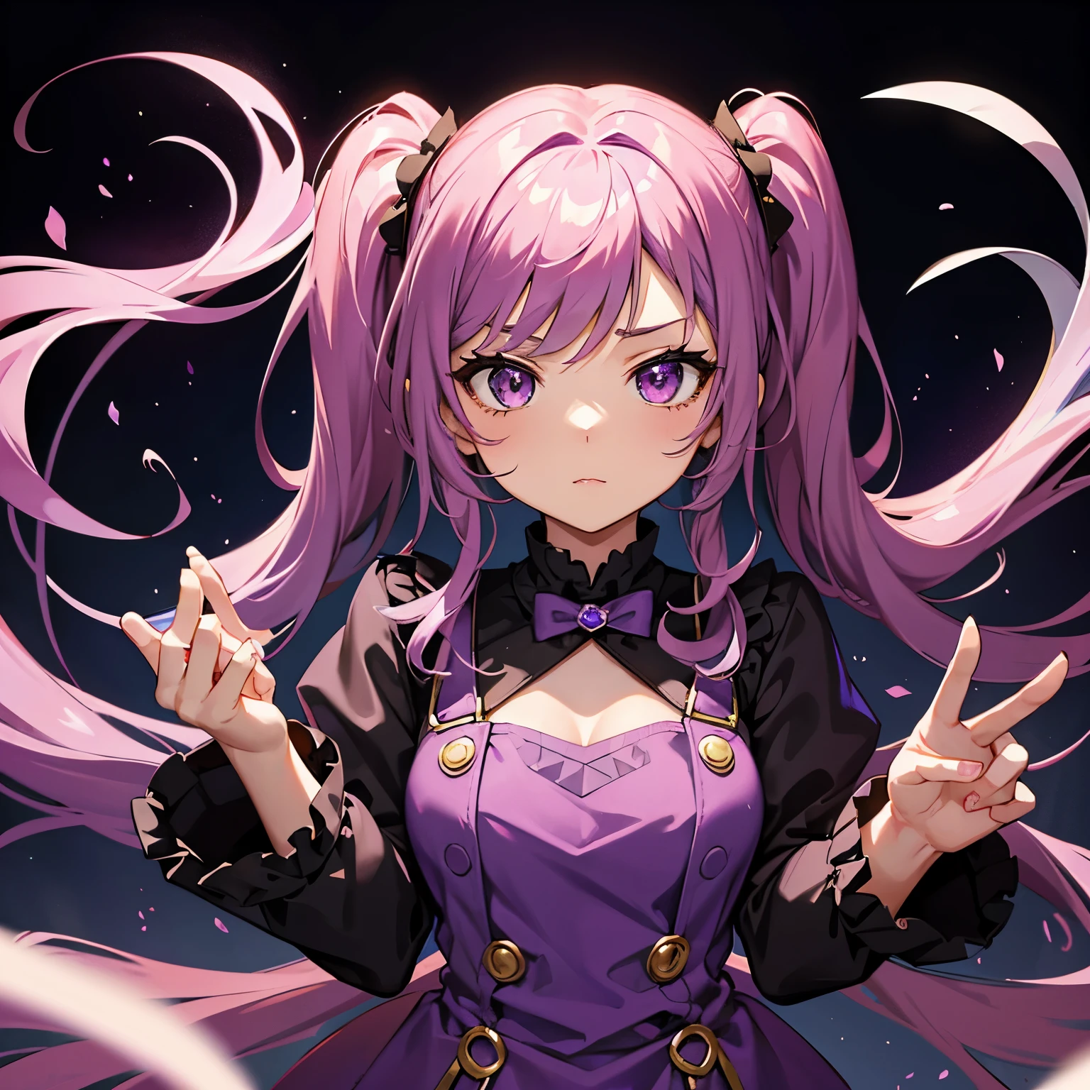 Purple hair, magician, beautiful girl, twintails, curly hair, dragon material dress, overall otherworldly style, tsundere, high-handed person