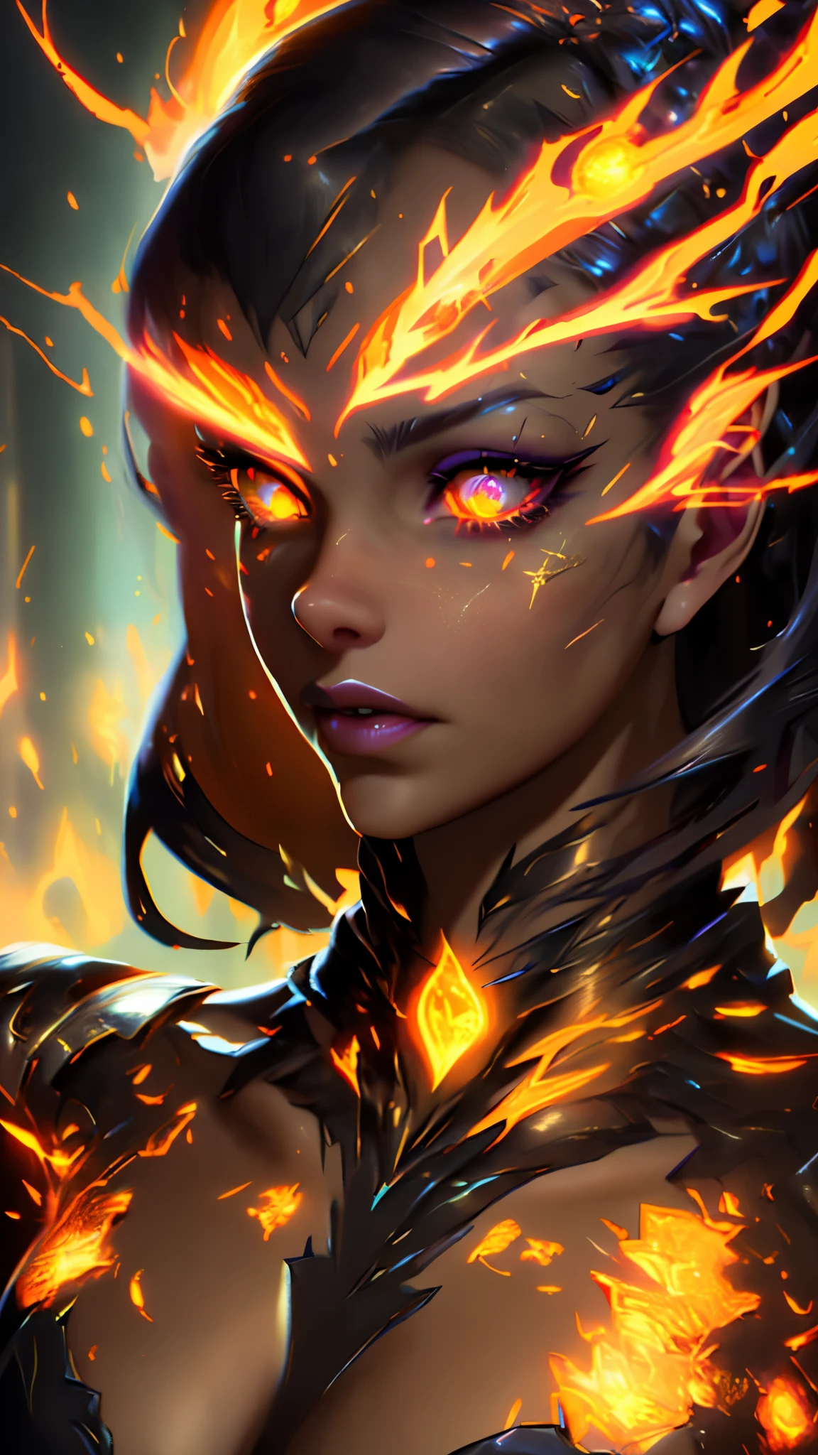 a close up of a woman with yellow eyes and a red lipstick, artgerm ; 3d unreal engine, ig model | artgerm, with glowing red eyes, glowing ember eyes, with glowing yellow eyes, rossdraws portrait, artgerm. high detail, rossdraws 1. 0, :: rossdraws, rossdraws digital painting