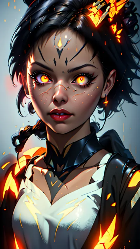 a close up of a woman with yellow eyes and a red lipstick, artgerm ; 3d unreal engine, ig model | artgerm, with glowing red eyes...