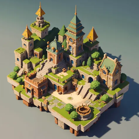 3d isometric view of Steampunk island,