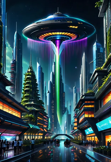 In this futuristic image of a city at night，We were taken into a city full of technology and innovation。Tall skyscrapers glow wi...