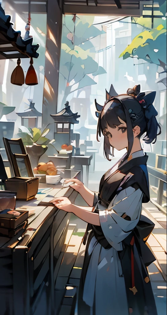 Cute female merchant selling magical items in a busy market,fantasic world,wearing robe,many goods display,masterpiece,soft line,cute face,(extremely delicate and beautiful work), ((masuter piece)), (Best Quality) 