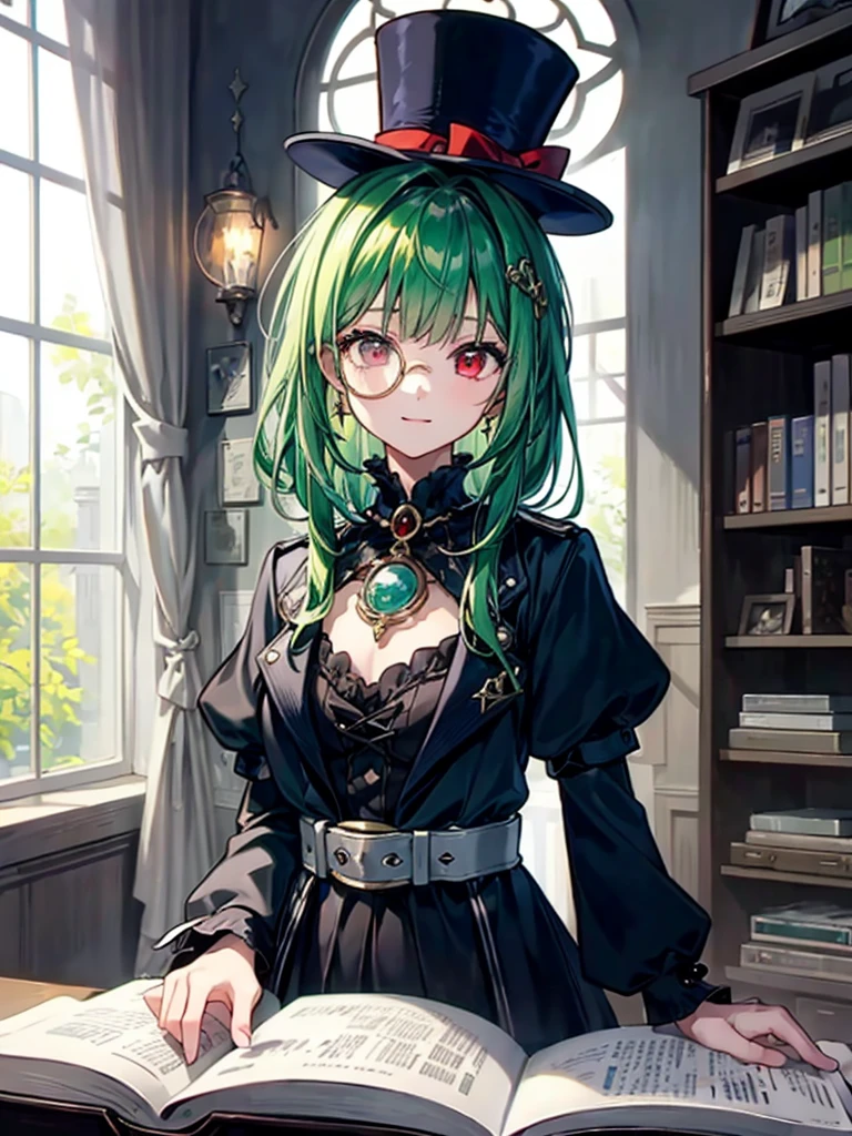 （（（masterpiece、Highest image quality、highest quality、highly detailed unity 8ｋwallpaper）））、（（Illustration of one girl、upper body））、（（（beautiful girl）））、（librarian）、（Emerald green hair、messy hair、sidelocks：1.2、red eyes、crazy smile）、（（（flat chest）））、（（（monocle）））、pocket watch、（（（Black top hat、Black tuxedo、belt）））、great medieval library、Large amount of books