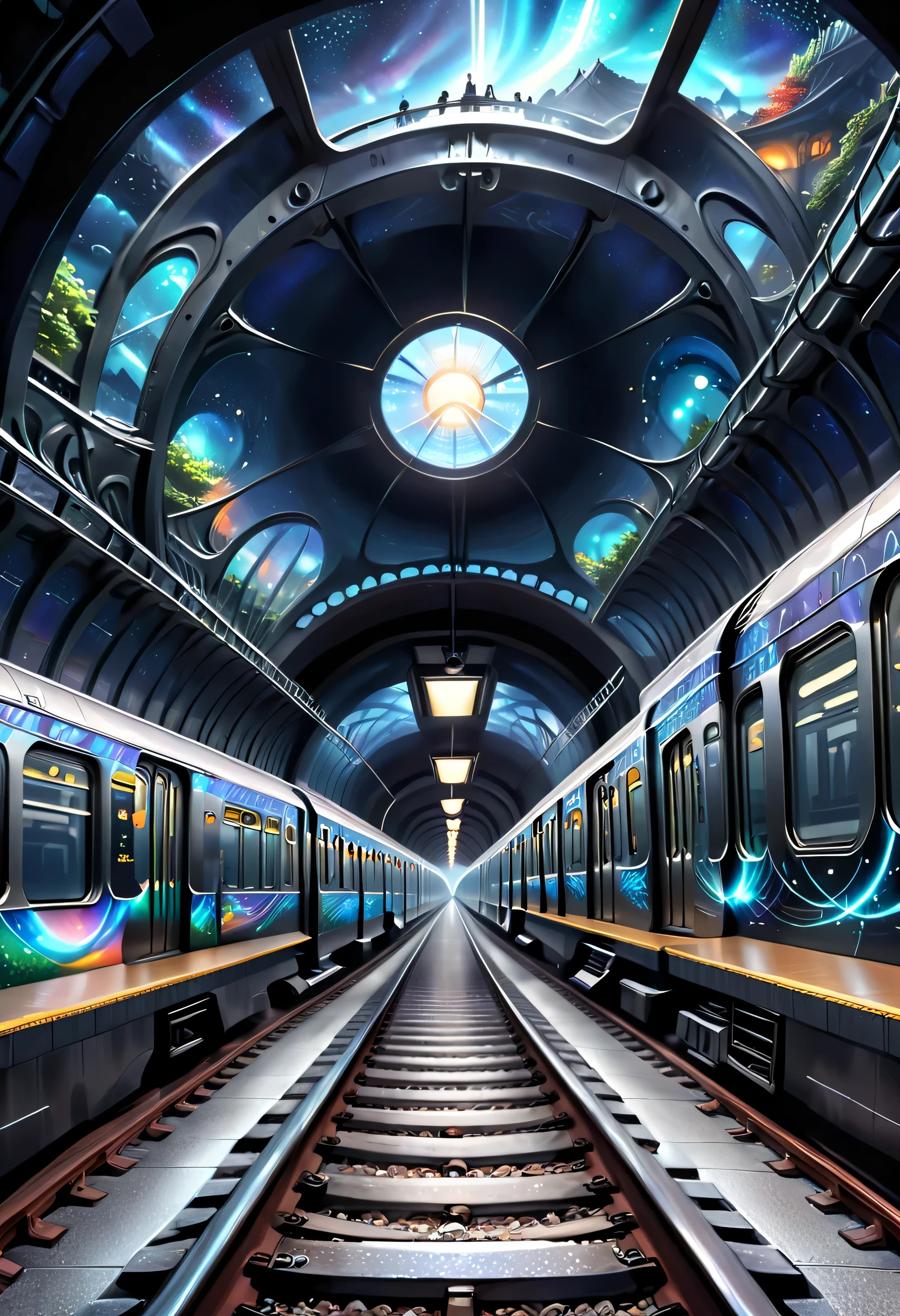 지하철 선로가 다른 차원의 공간으로 연결되는 모습을 묘사합니다.。지하철 터널도 그릴 수 있어요，섹션 중 하나는 다른 차원의 세계로 연결됩니다，일러스트레이션은 다양한 차원의 독특한 풍경과 신비로운 비전과 승객을 보여줄 수 있습니다.。스타돔 열차는 정상 세계와 다른 차원 사이의 통로 역할을 합니다.，신비롭고 매혹적인 분위기를 선사합니다.。