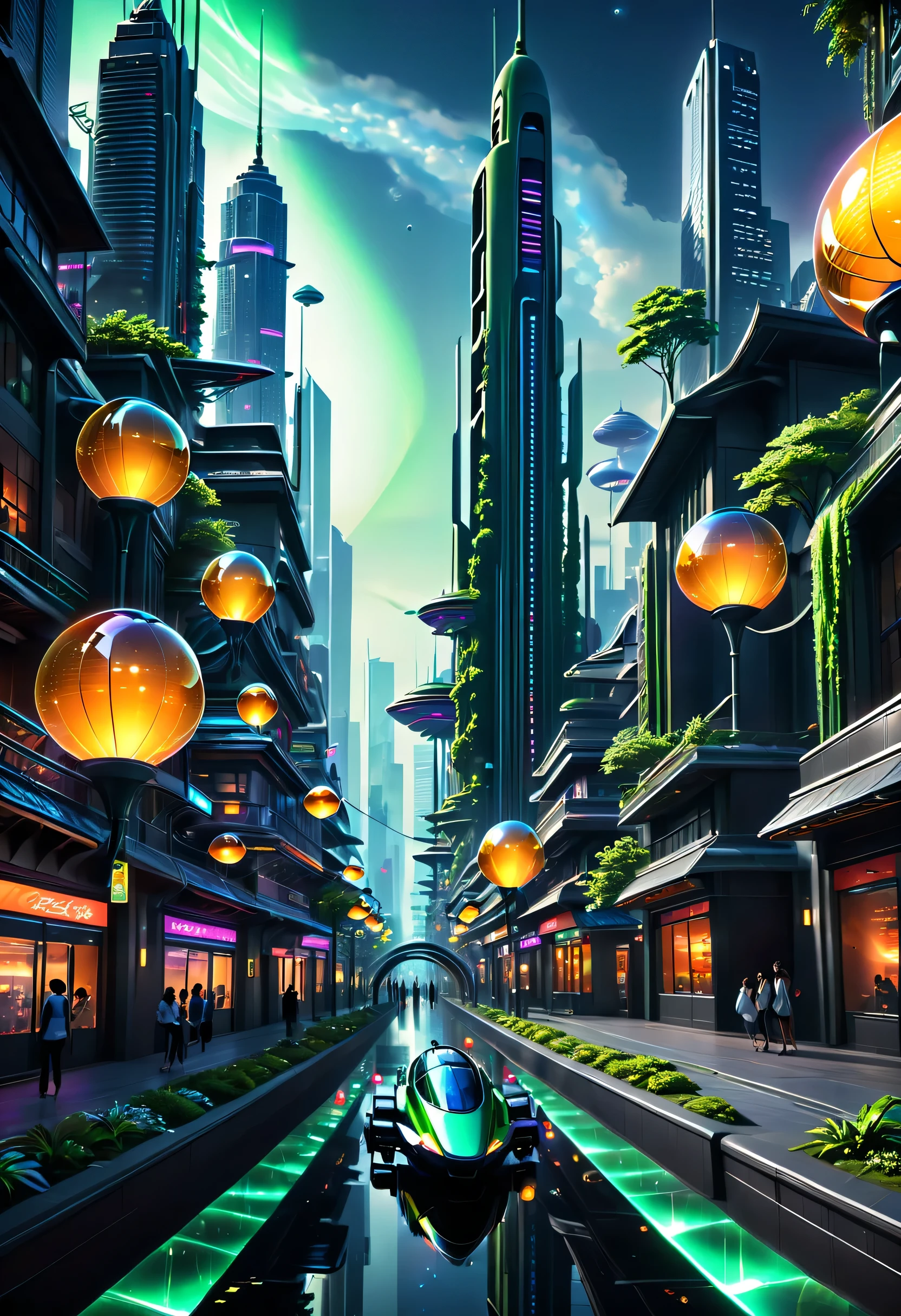 Create a captivating and relaxing futuristic scene in a 1,152 x 2,048 pixel image. In the center, a vibrant cityscape thrives with sleek skyscrapers that reach towards the sky. Neon lights illuminate the streets, casting a mesmerizing glow across the scene. Futuristic vehicles glide effortlessly through the air, adding a sense of energy and movement. Surrounding the city, a serene natural landscape unfolds. Lush green fields stretch into the distance, adorned with towering trees that emit a soft bioluminescent glow. The trees possess an otherworldly beauty, their luminescent leaves and branches pulsating with an ethereal energy. The combination of the cityscape and the tranquil natural surroundings creates a harmonious balance. Humans and machines coexist in this futuristic world, seamlessly integrating technology into their daily lives. People can be seen engaging in leisurely activities, such as taking leisurely strolls through peaceful parks or reclining in futuristic seating designed for comfort and relaxation. Their attire reflects a fusion of sleek fashion and cutting-edge technology, showcasing a harmonious blend of style and functionality. Throughout the scene, gentle orbs of light float gracefully in the air, reminiscent of fireflies. These ethereal orbs emit soft, calming hues, creating a sense of tranquility and serenity. They move in a harmonious dance, further enhancing the overall atmosphere of relaxation and wonder. The air is filled with ethereal music that seems to emanate from unseen sources. Melodic tones and soothing melodies weave through the scene, enveloping everything in a calming symphony. The music enhances the sense of tranquility, inviting viewers to immerse themselves in the moment and find inner peace.