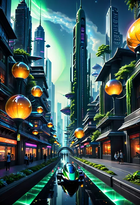 Create a captivating and relaxing futuristic scene in a 1,152 x 2,048 pixel image. In the center, a vibrant cityscape thrives wi...