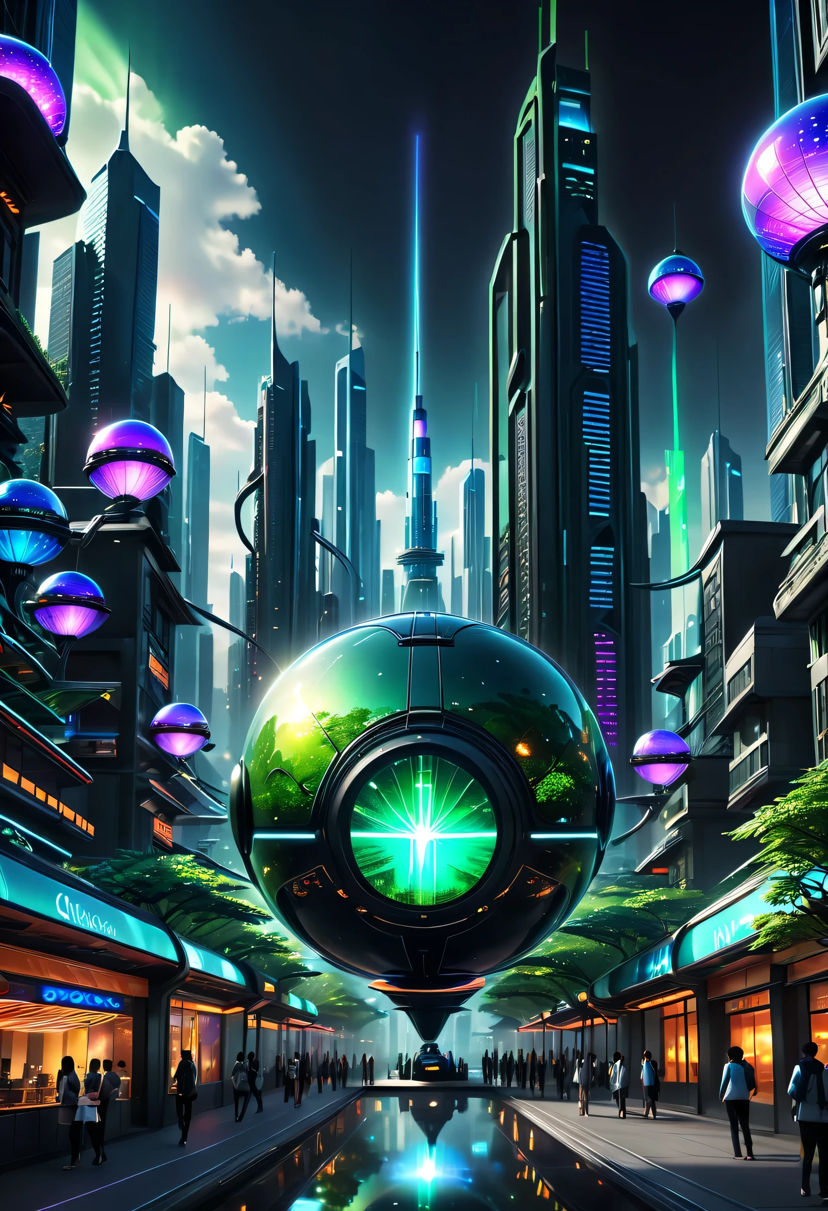 Create a captivating and relaxing futuristic scene in a 1,152 x 2,048 pixel image. In the center, a vibrant cityscape thrives with sleek skyscrapers that reach towards the sky. Neon lights illuminate the streets, casting a mesmerizing glow across the scene. Futuristic vehicles glide effortlessly through the air, adding a sense of energy and movement. Surrounding the city, a serene natural landscape unfolds. Lush green fields stretch into the distance, adorned with towering trees that emit a soft bioluminescent glow. The trees possess an otherworldly beauty, their luminescent leaves and branches pulsating with an ethereal energy. The combination of the cityscape and the tranquil natural surroundings creates a harmonious balance. Humans and machines coexist in this futuristic world, seamlessly integrating technology into their daily lives. People can be seen engaging in leisurely activities, such as taking leisurely strolls through peaceful parks or reclining in futuristic seating designed for comfort and relaxation. Their attire reflects a fusion of sleek fashion and cutting-edge technology, showcasing a harmonious blend of style and functionality. Throughout the scene, gentle orbs of light float gracefully in the air, reminiscent of fireflies. These ethereal orbs emit soft, calming hues, creating a sense of tranquility and serenity. They move in a harmonious dance, further enhancing the overall atmosphere of relaxation and wonder. The air is filled with ethereal music that seems to emanate from unseen sources. Melodic tones and soothing melodies weave through the scene, enveloping everything in a calming symphony. The music enhances the sense of tranquility, inviting viewers to immerse themselves in the moment and find inner peace.