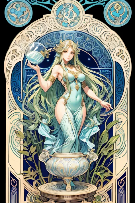 high quality, highly detailed, fantasy, Aquarius, a beautiful venus with long blond hair, pouring water from a ceramic jar, fant...