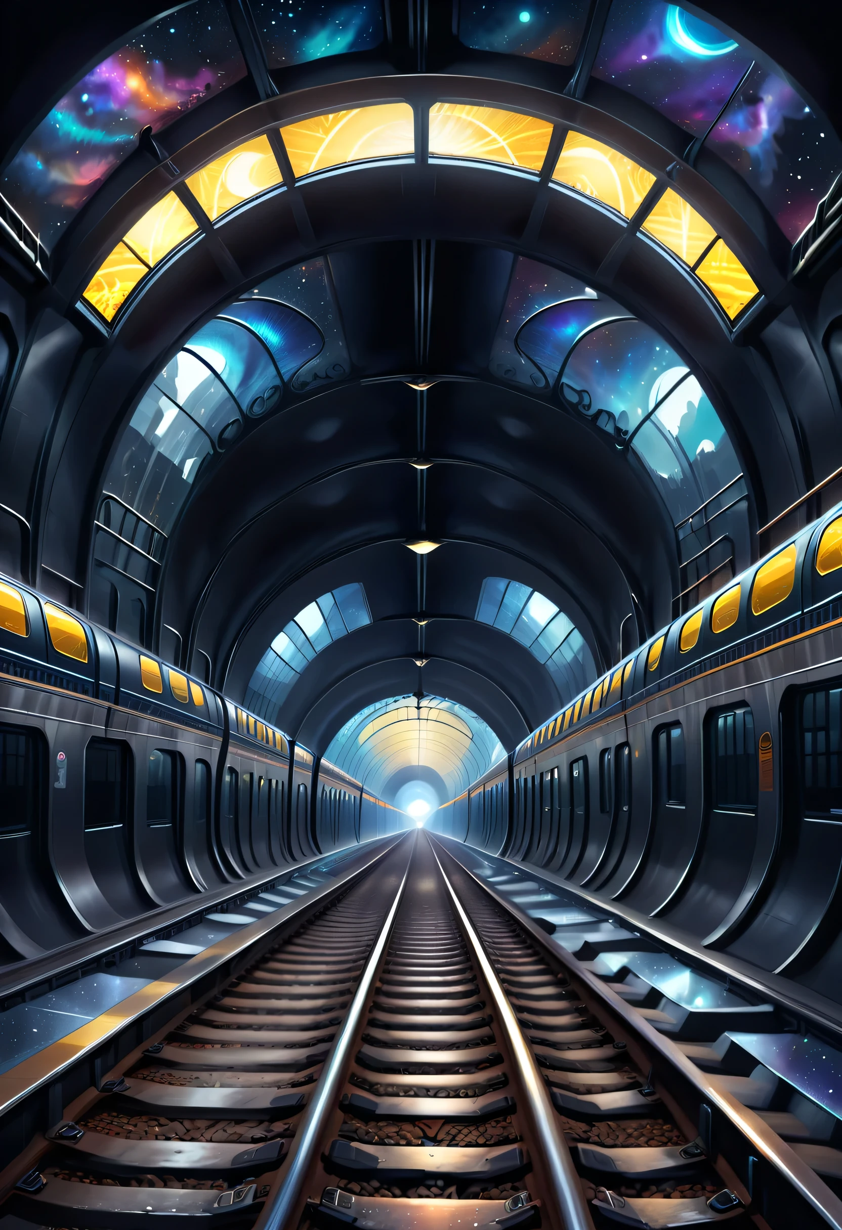 It depicts the connection of subway tracks to a different dimensional space。It is possible to draw a subway tunnel，One of the sections leads to a different dimensional world，Illustrations can show peculiar landscapeysterious visions and passengers from different dimensions。The Star Dome train serves as a passage between the normal world and the other dimension，Presents a mysterious and mesmerizing atmosphere。