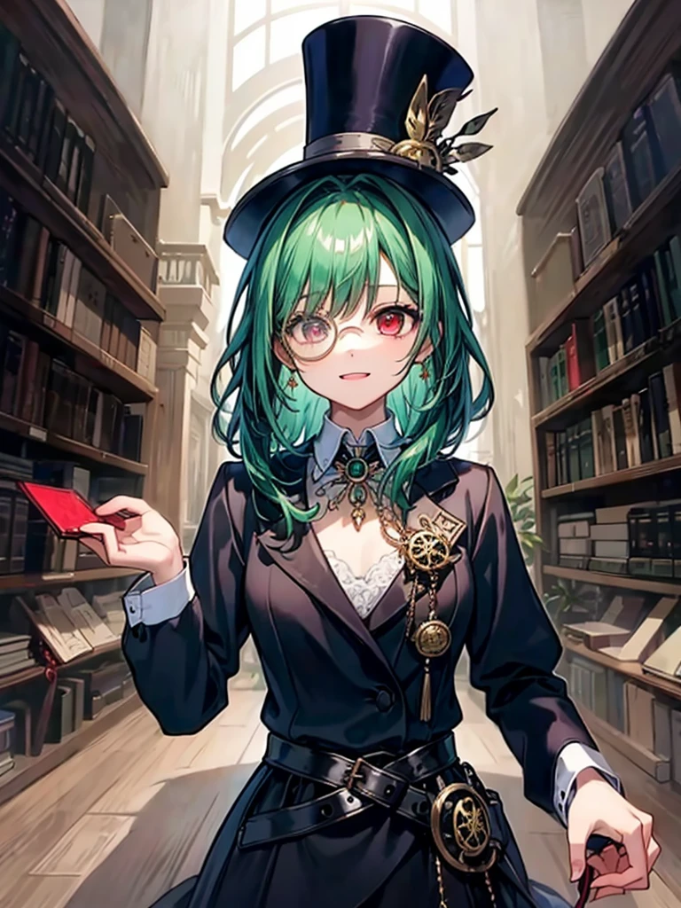 （（（masterpiece、Highest image quality、highest quality、highly detailed unity 8ｋwallpaper）））、（（Illustration of one girl、upper body））、（（（beautiful girl）））、（librarian）、（Emerald green hair、messy hair、sidelocks：1.2、red eyes、crazy smile）、（（（flat chest）））、（（（monocle）））、pocket watch、（（（Black top hat、Black tuxedo、belt）））、great medieval library、Large amount of books