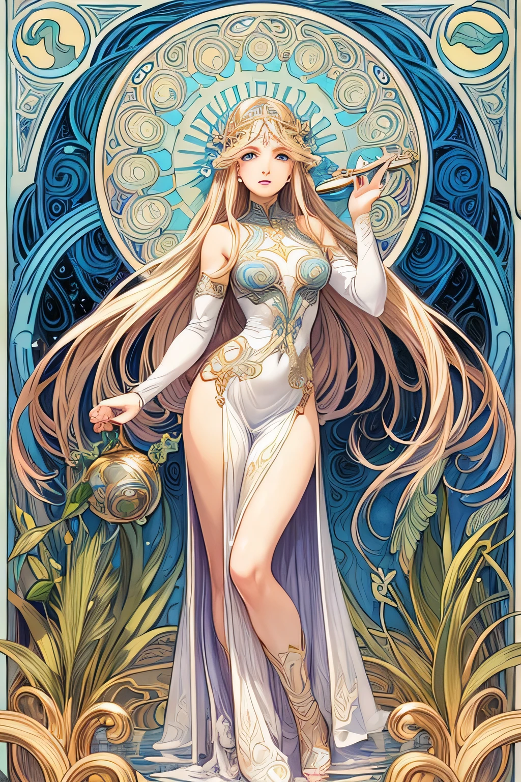 high quality, very detailed, fantasy, Aquarius, Beautiful Venus with long blonde hair, pour water from a ceramic bottle, fantasy, Mysterious, Alphonse Mucha&#39;s Art Nouveau line, awesome full color,