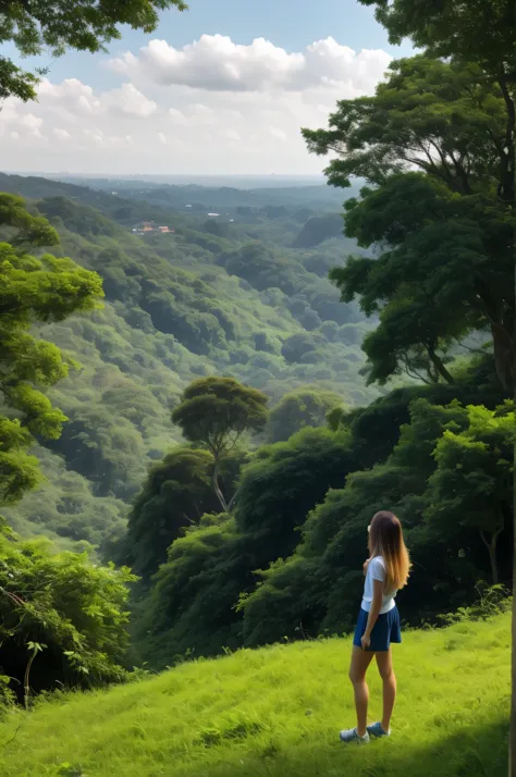 a young woman look across the horizon from a top of a hill surrounded by lush greenery