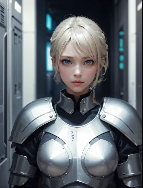 one beautiful woman。blonde blue eyes。eighteen。wearing beautiful silver-white armor。she is standing in the hallway of the spacesh...