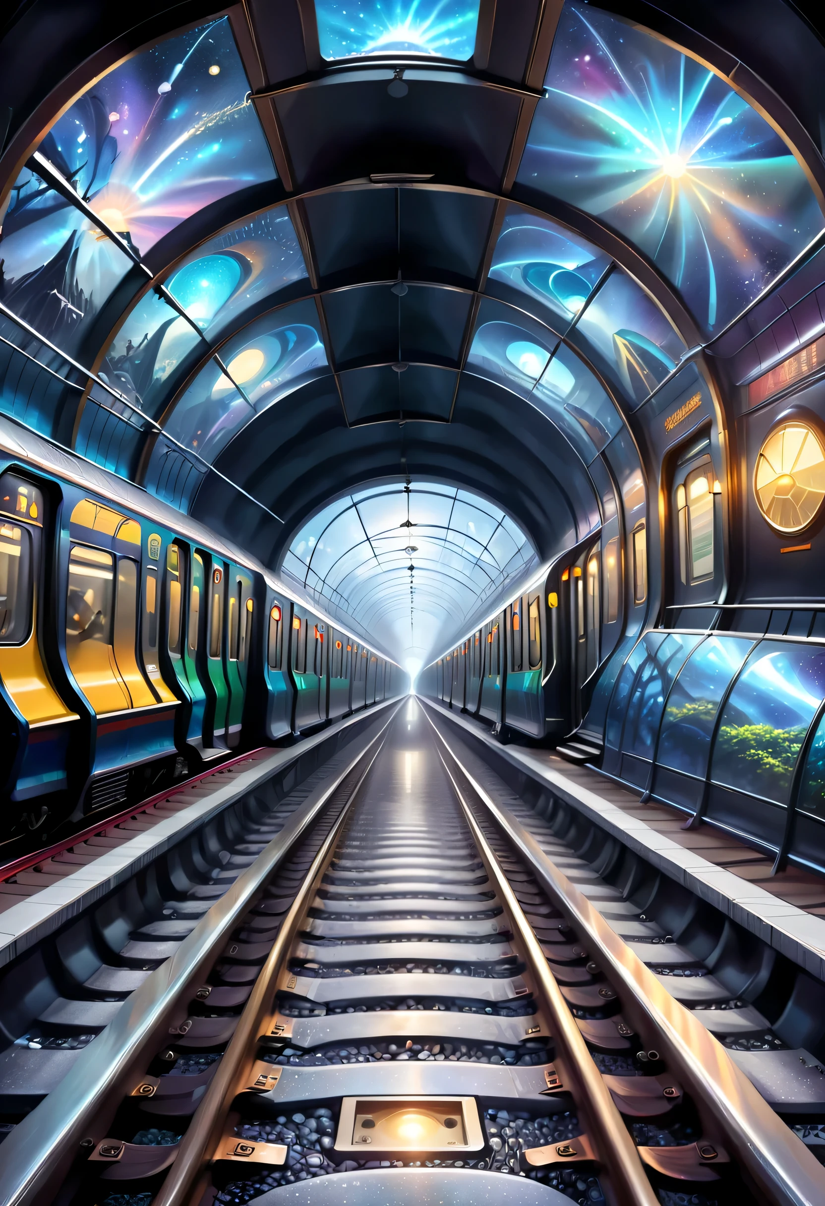 It depicts the connection of subway tracks to a different dimensional space。It is possible to draw a subway tunnel，One of the sections leads to a different dimensional world，Illustrations can show peculiar landscapeysterious visions and passengers from different dimensions。The Star Dome train serves as a passage between the normal world and the other dimension，Presents a mysterious and mesmerizing atmosphere。