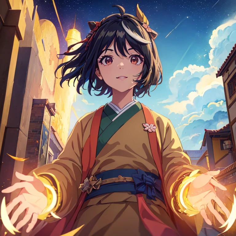  Creator of the universe, myth, Image background, movie-like scenario, Orange clouds. The style of the image is cartoon, lighting like a pro，With strong and impressive strokes, そしてmyth，((highest quality,8K，16k, masterpiece: 1.3))girl, robe, short hair, arms, sword, brown eyes, looking at the viewer, kimono, brown hair, lips, , smile, knife, dynamic angle，Composed like a pro，