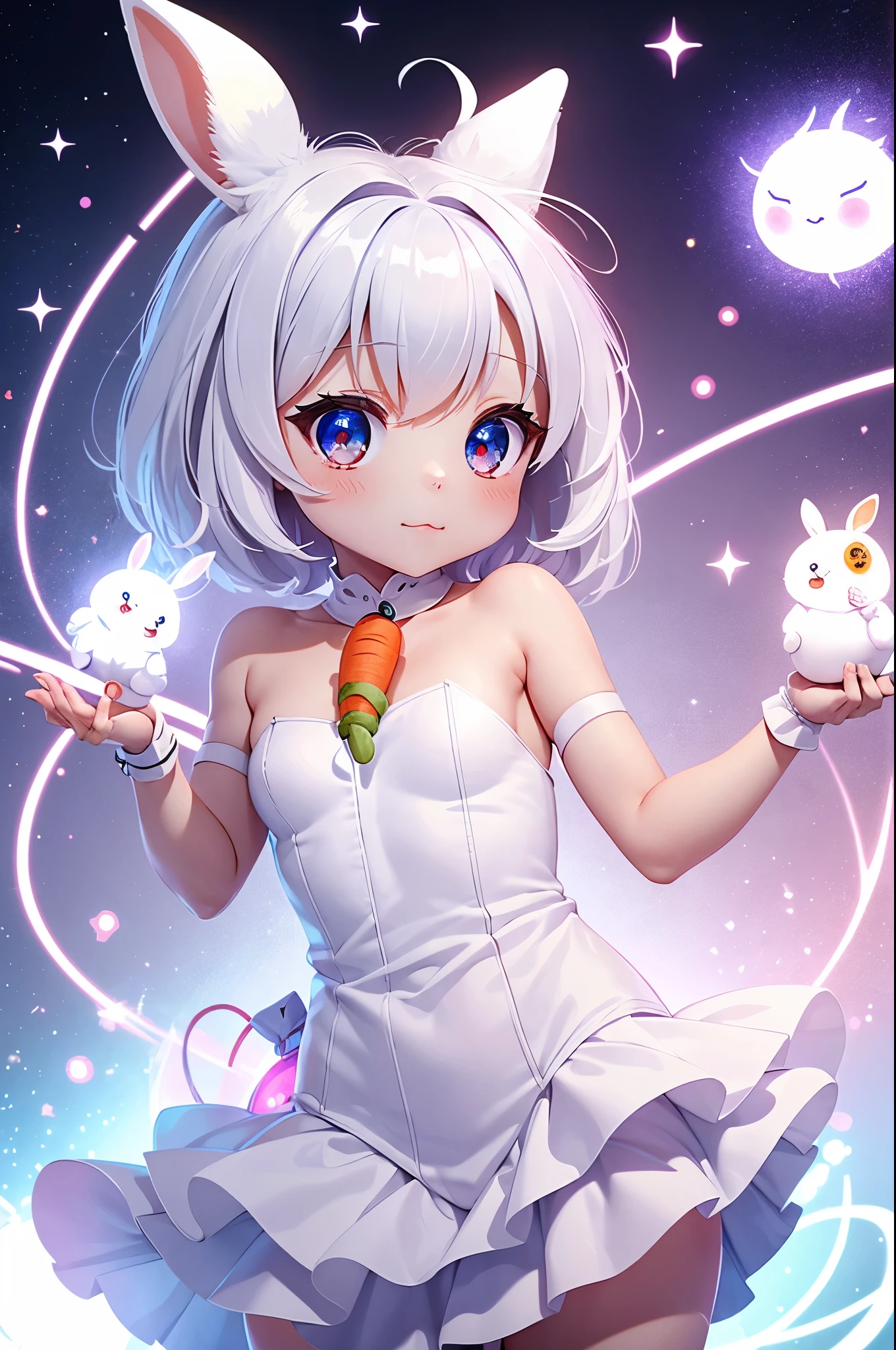 generate a small cute chibi version of white rabbit, holding a carrot with big sparkly eyes with white background in 8k