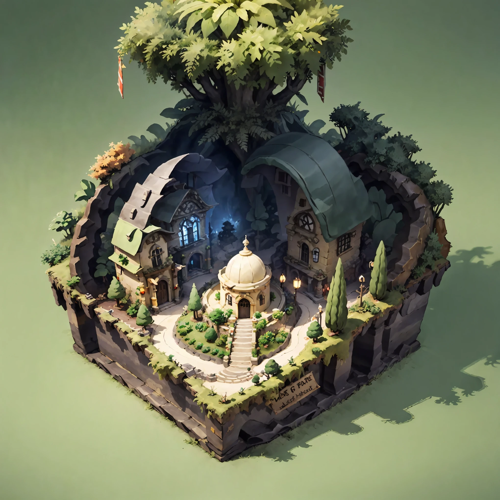 Vista isométrica 3D de la isla de fantasía oscura.,