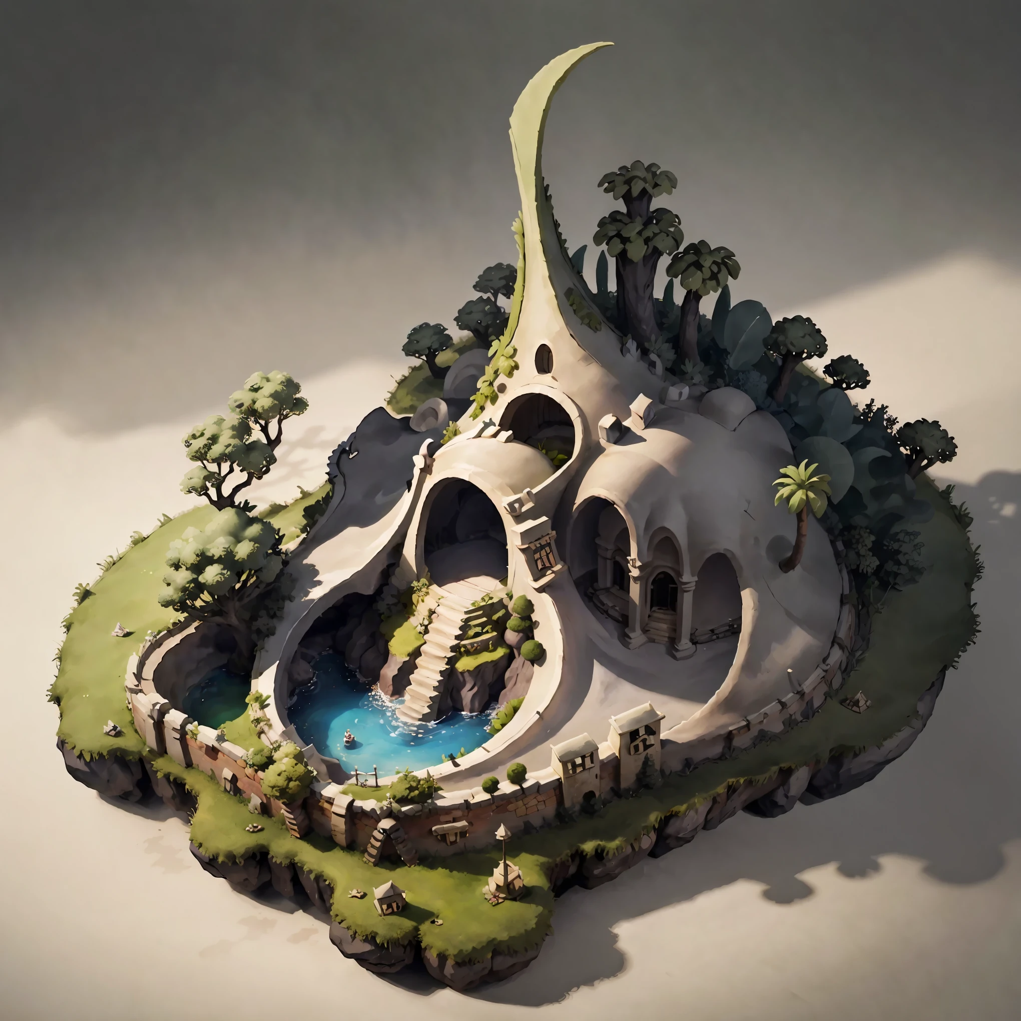 Vista isométrica 3D de la isla de fantasía oscura.,