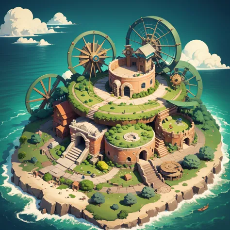 3d isometric view of Steampunk island,