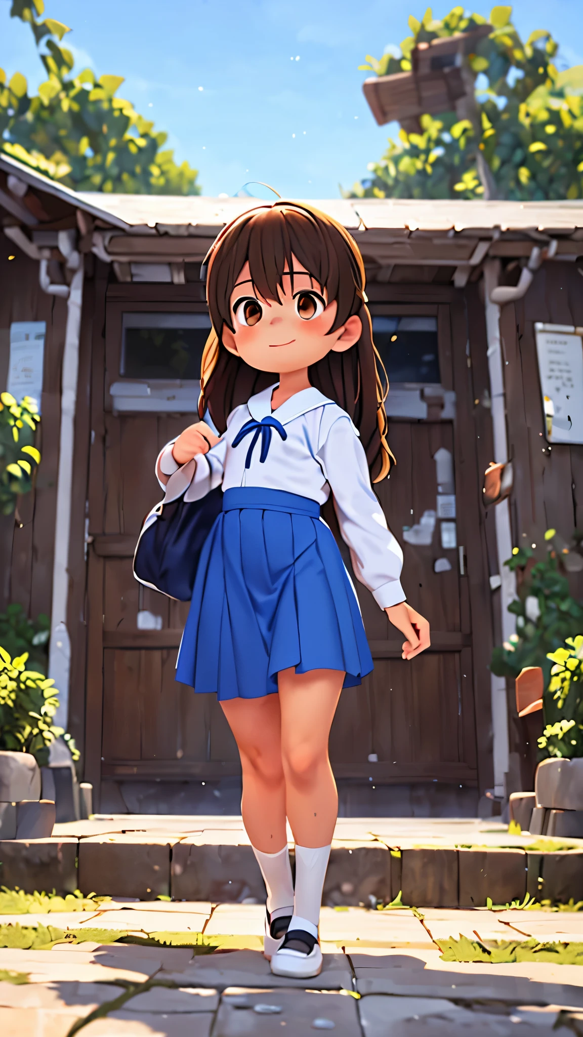 ((a boy)), gay, short, ((cross-dressing)), femboy, (((very long hair))), (brown hair: 1.5), (brown eyes: 1.4), big thighs, curvy, juicy, dummy thicc, (model boy), ((blue and white female Japanese school uniform)), going to school, centered