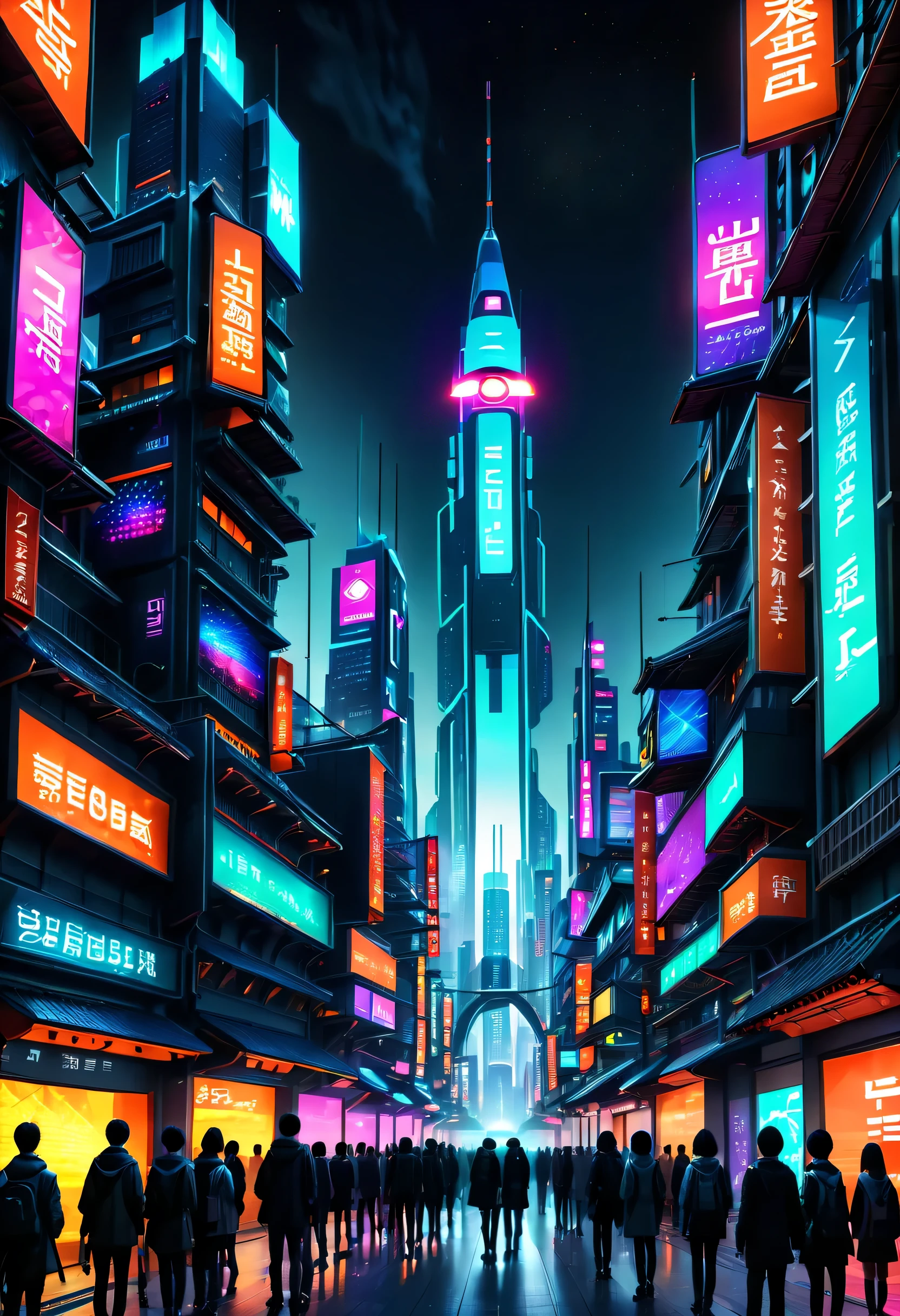 (LED Vision), Imaginary City, (Near Future) (People Gathering), Signboard, Cyber, AI, View from the Ground, Night Scene, Bright Colors, Disciplined Buildings, Light Shot Towards the Sky from Each LED Vision, (Network Network), Global