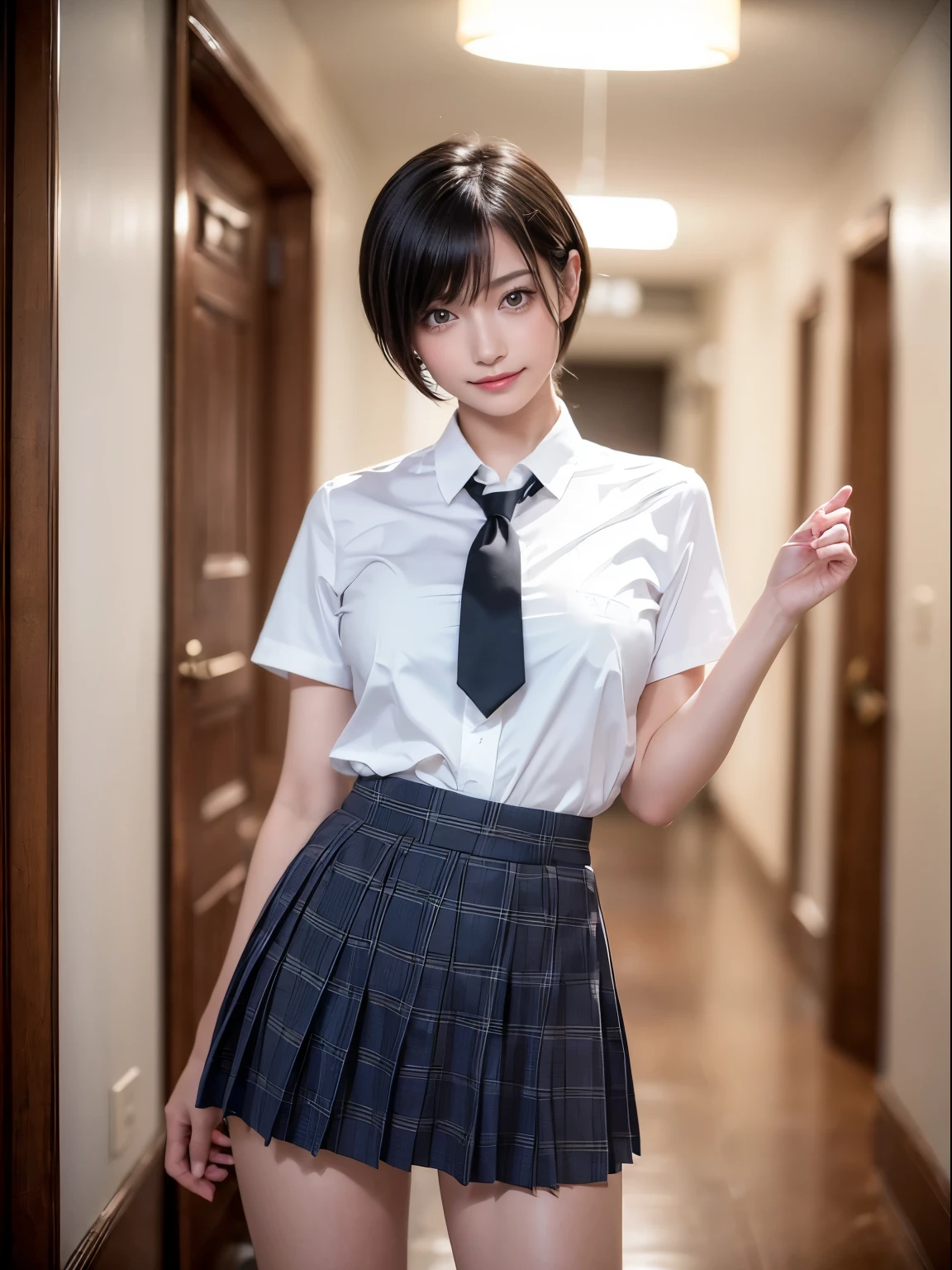 ((dynamicposes)), (((skirt lift by yourself))), (((lifted by self))), ((panties focus)), ((panties on)), ((shool uniform)), ((Plaid chool hallway, (NSFW), 1womanl, solo, 2, 7headed body, (cute  face), (Ideal ratio body proportions), (Composition from head to thigh), Smiling smile, erectile nipple, Sexy body, Wet, short-hair, Dark hair, , A slender, Small buttocks, beauty legs, Skinny Legs, Surrealism, Cinematic lighting, depth of fields, One-person viewpoint, F/1.8, 135 mm, nffsw, masutepiece, ccurate, ((Anatomically correct)), Textured skin, Super Detail, high details, High quality, awardwinning, Best Quality, hight resolution, 8k