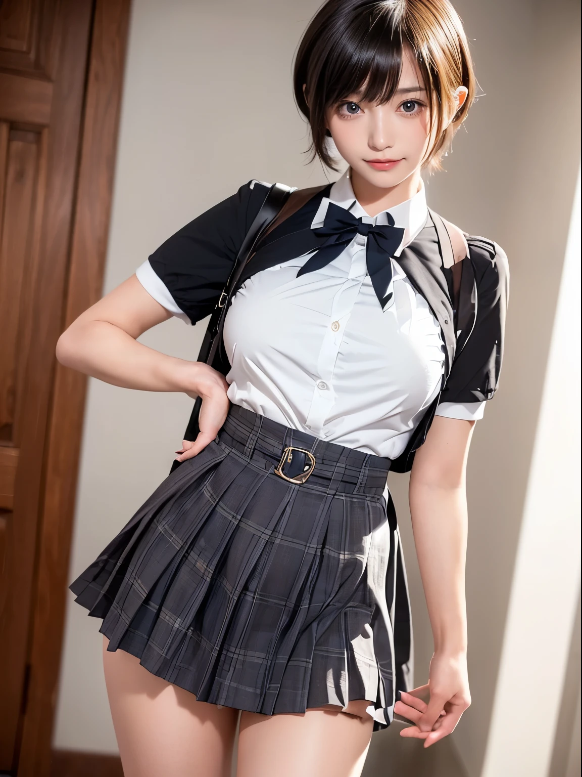 ((dynamicposes)), (((skirt lift by yourself))), (((lifted by self))), ((panties focus)), ((panties on)), ((shool uniform)), ((Plaid chool hallway, (NSFW), 1womanl, 独奏, 24 year old, 7headed body, (cute  face), (Ideal ratio body proportions), (Composition from head to thigh), Smiling smile, erectile nipple, Sexy body, Wet, short-hair, Dark hair, , A slender, Small buttocks, beauty legs, Skinny Legs, surrealism, Cinematic lighting, depth of fields, One-person viewpoint, F/1.8, 135 mm, nffsw, masutepiece, ccurate, ((Anatomically correct)), Textured skin, Super Detail, high details, High quality, awardwinning, Best Quality, hight resolution, 8K