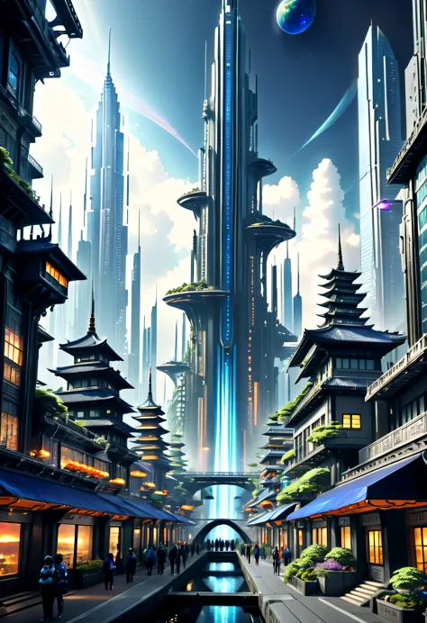 space city、futuristic cities、floating in the universe、cyberpunked、skyscrapers line the streets、a space station、top-quality、​mast...