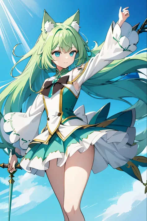 woman with long light green hair Cat ears, long fluffy tail Use the power of the wind element Uses a long spear, has a playful personality, smiles all the time, blue eyes, white clothes, light blue short skirt. 