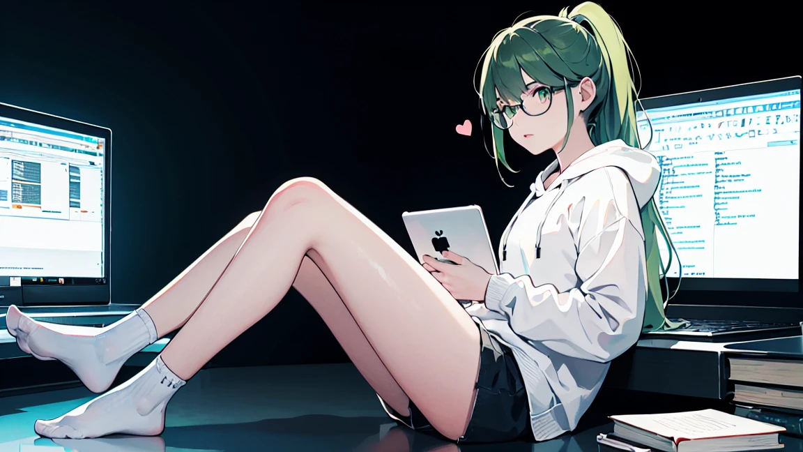 (Best quality, 4K, a high resolution, masterpiece: 1.2), (Heart: 1.2),  ultra detailed, Realistic: 1.37, soft lighting, Beautiful detailed eyes and lips, alone girl, dark green hair high ponytail, tired, bare legs, you can see the whole body from head to toe, wears a light white oversized long hoodie, glasses, without pants, white socks, black abstract background with green lines of code, coding, programming, laptop, coffee, energy drinks, books