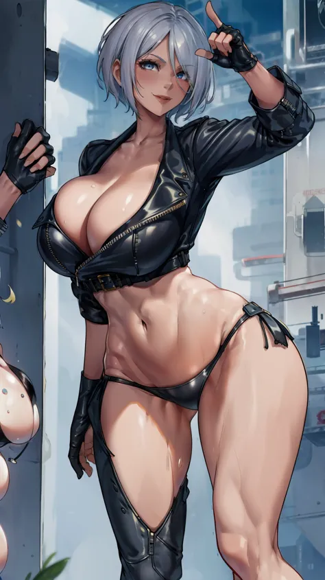 1 woman, short straight white hair , sly face , smile , leather jacket , black bikini , abdomen, big breasts , Long legs , stand on your hips... , Barefoot , abandoned factory