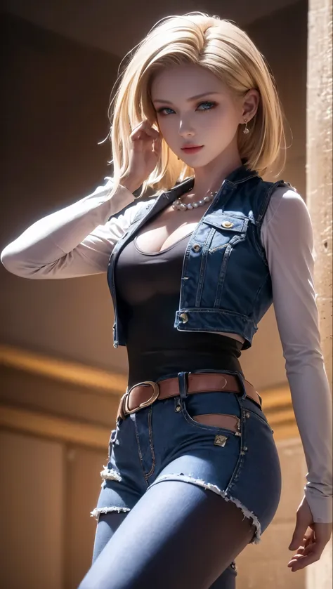 8K, real image, intricate details, super detailed,(realistic),
and 18, (1 girl),(solo:1.5)、 android 18, blonde hair, blue eyes, ...