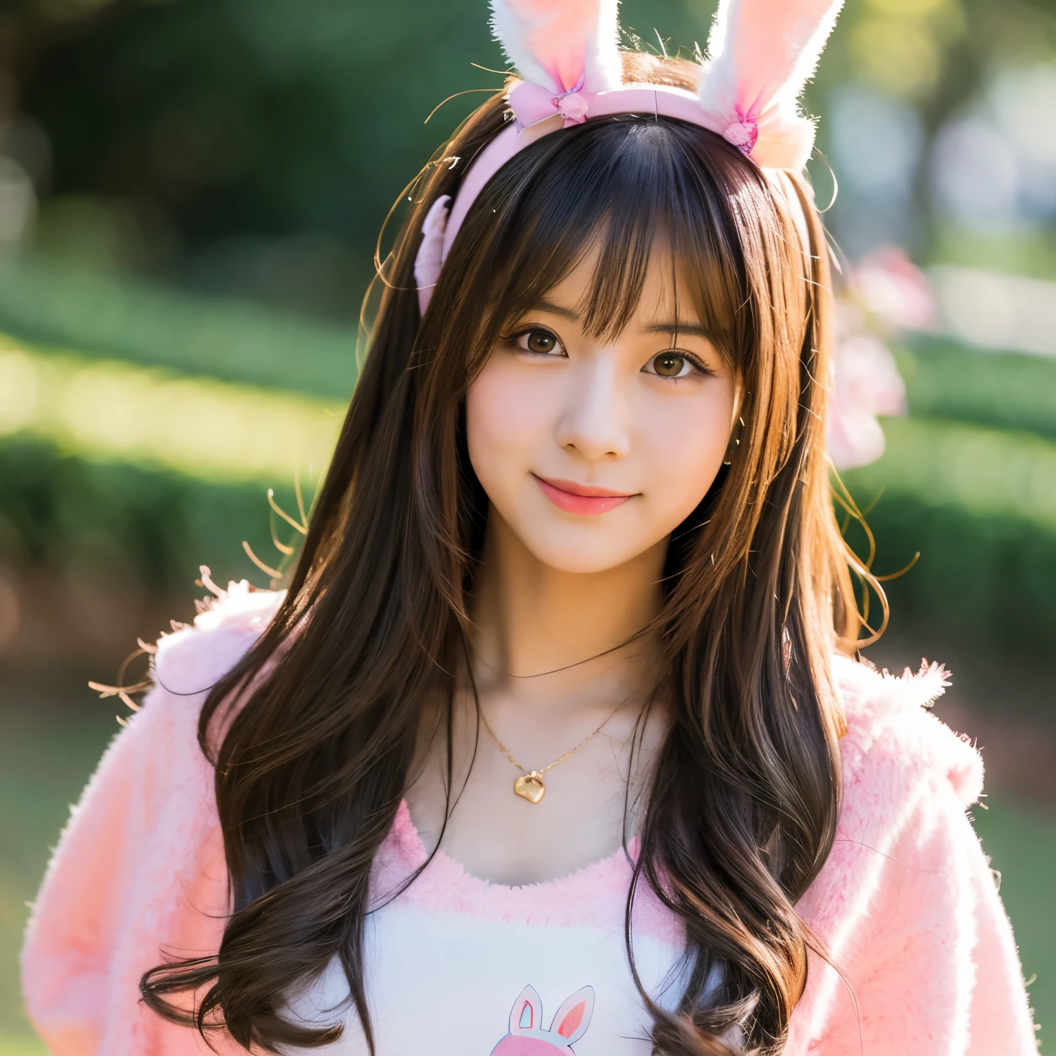 A close up of a woman wearing a pink bunny costume - SeaArt AI