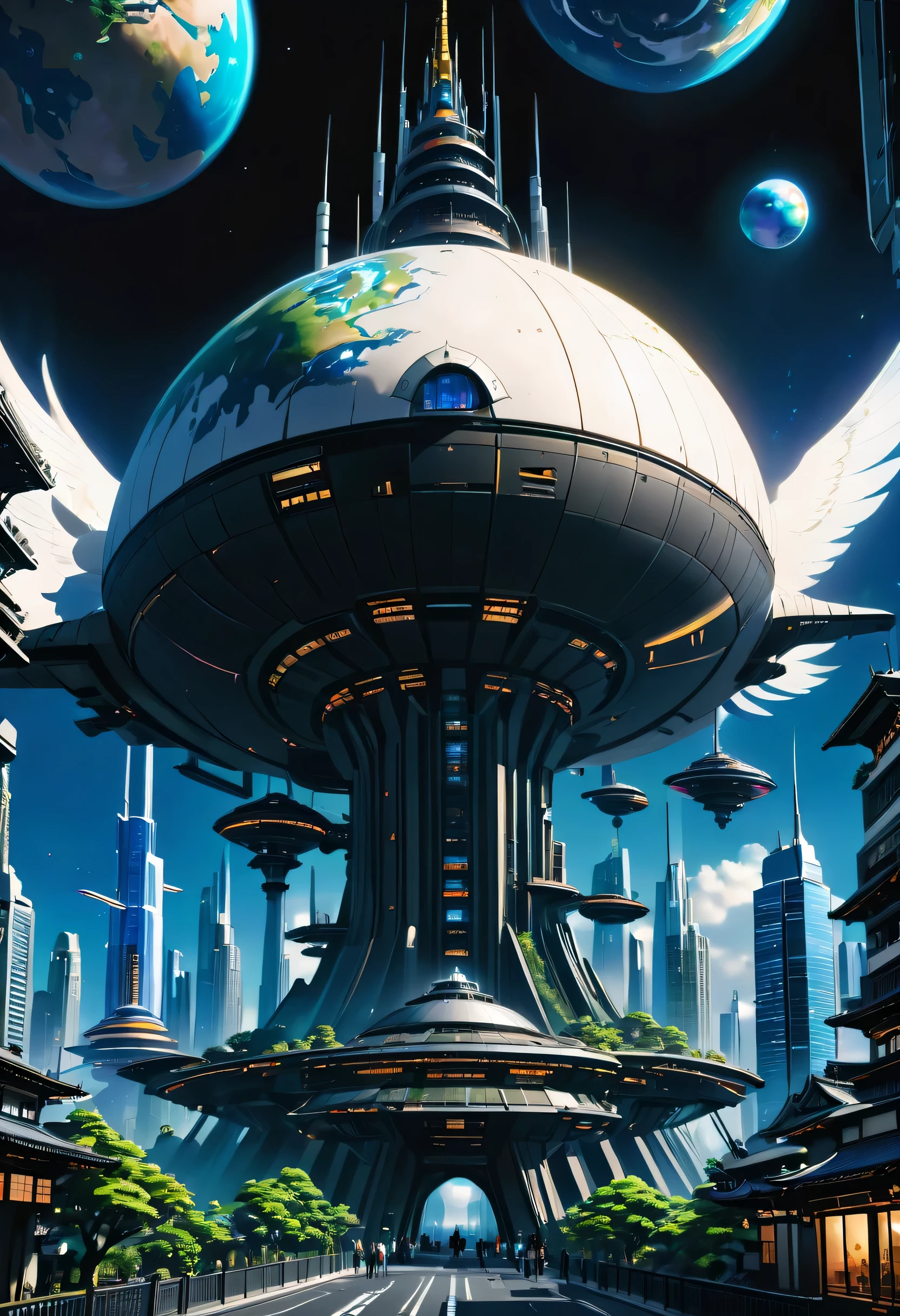 Cité spatiale、villes futuristes、flottant dans l&#39;univers、cyberpunk、Des gratte-ciel bordent les rues、Une station spatiale、qualité supérieure、chef d&#39;oeuvre、２４siècle、rêve、utopique、planète Terre、Monde des rêves、Fantaisie、𝓡𝓸𝓶𝓪𝓷𝓽𝓲𝓬、Très grande cascade、ＳＦart par、Structure super énorme、