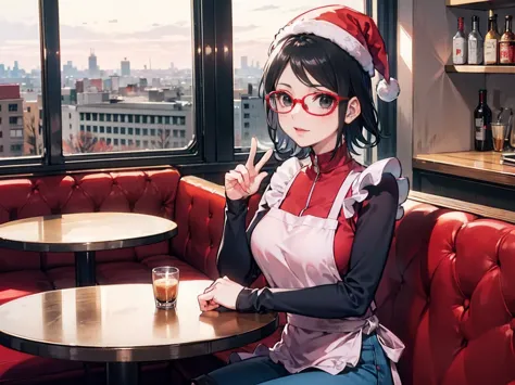 Sarada Uchiha with short hair, black eyes and prescription glasses. She healed. In a café decorated for Christmas, it has severa...