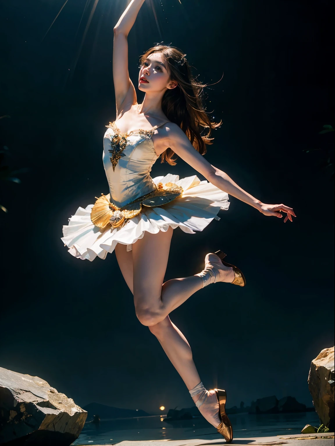 fantasy, high quality, 8K, realistic,photo realistic,RAW photo,photography,High resolution, ultra-definition, highest quality,Dramatic lighting, glitter effect, from below, midnight, moonlight, ballet、Swan Lake、ballet swan lake、Lake in the deep forest、full body、break, A prima donna girl gracefully dances ballet in the moonlight on a mysterious lake.、dynamic pose, raise both arms up、big long horizontal jump、Jump with your legs wide apart、Lonely、1 girl、((luxurious and delicate white tutu)),semi-long hair,black hair,black eyes、beautiful feet、Ballet Pointe Shoes, Peeking from below、Straddling the camera、