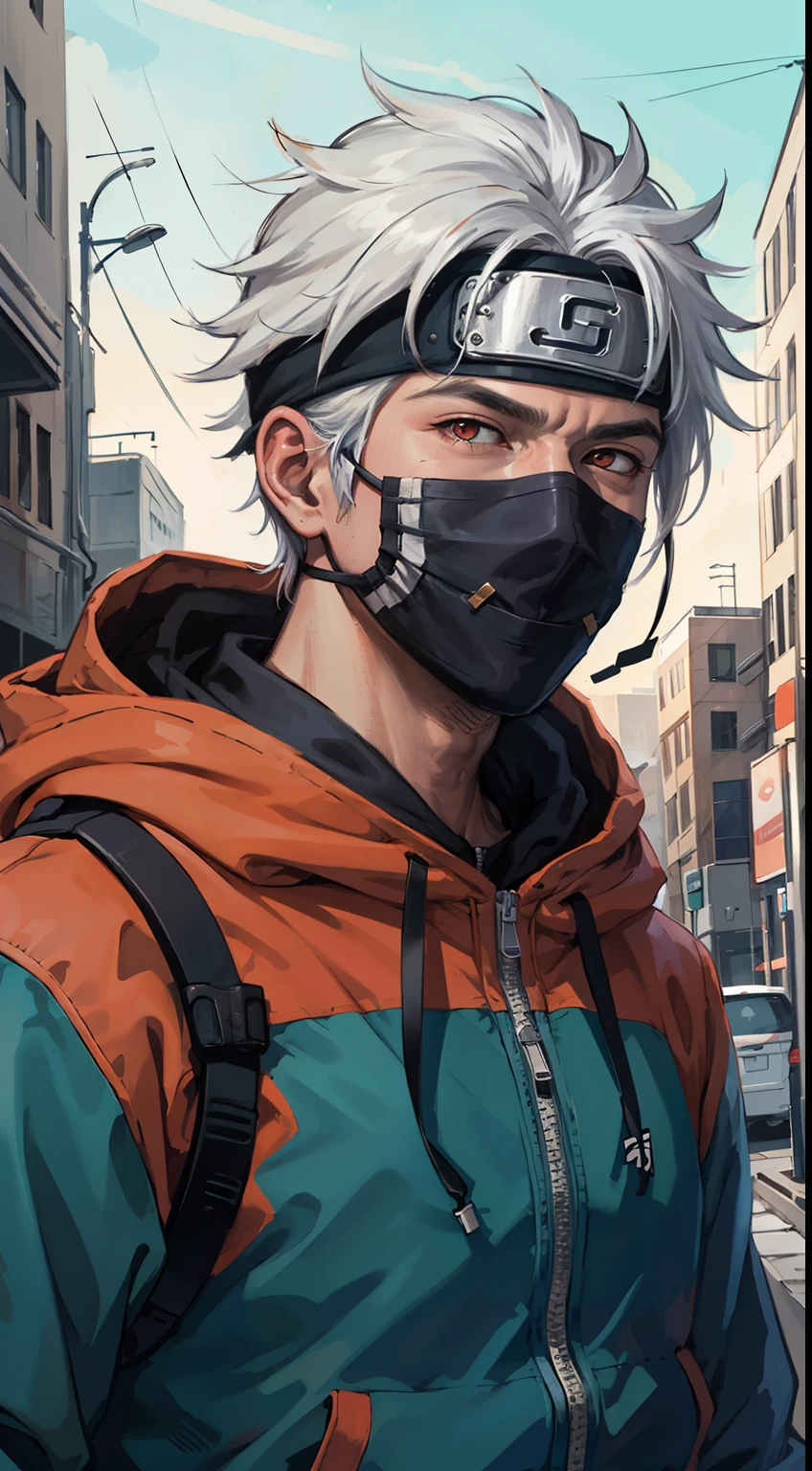 masterpiece, best quality, ultra-detailed, upper body shot, 1man, male focus, Kakashi hatake, wearing Streetwear Hoodie, white hair, glow Red eyes, Cyborg mask, cool attitude, dinamic lighting, vivid colours, Urban Background ,