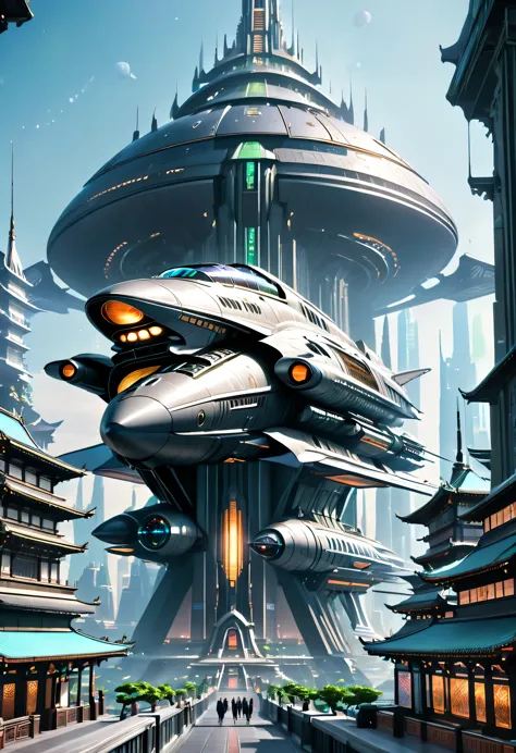 A futuristic city，A futuristic spaceship flew over it, Sci-fi fantasy wallpaper, in fantasy sci - fi city, greg beeple, huge fut...