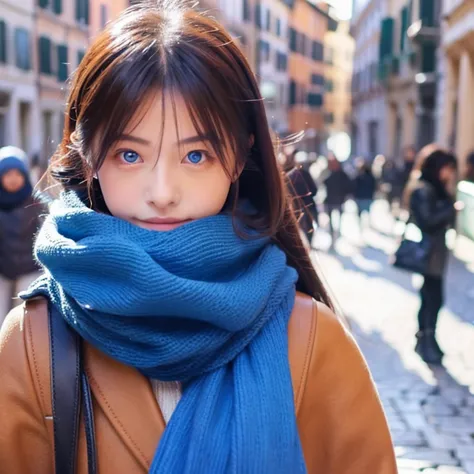 beautiful, chinese, girl, cat walking, wearing coloured winter clothes, rome, blue scarf, glowing eyes, blushing, wearing tights