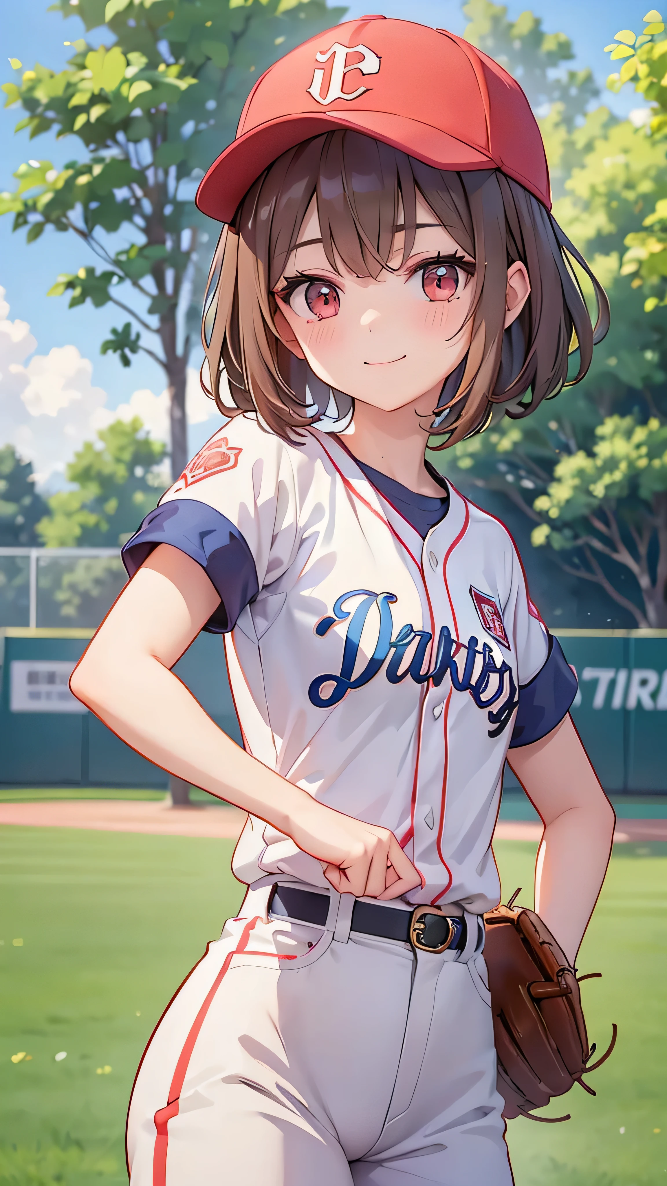 pretty girl,15 years old,height: 154cm,boyish,small breasts,stylish,baseball uniform,（Baseball in the left hand）,Pitching form,Throwing baseball,Sweat,I&#39;野球場にいるI,（long bob）,(greenish brown hair),(slanted eyes),(dark red eyes),from below,looking at the viewer,anime style,masterpiece, very detailed and beautiful,Japanese,gravure,enchanting smile