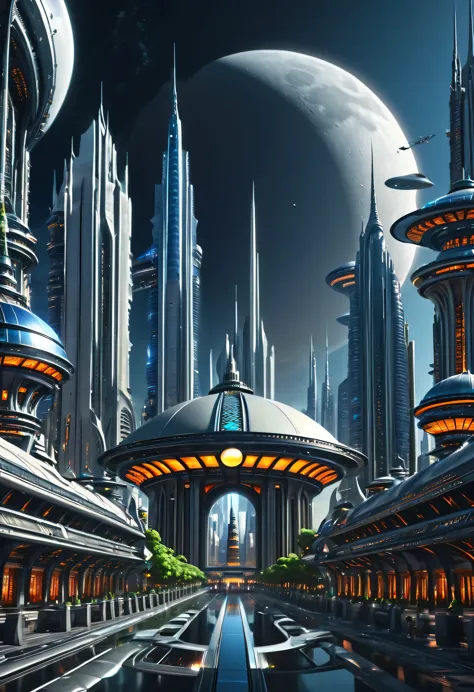 futuristic city with futuristic architecture and a moon in the sky, huge futuristic temple city, beautiful city of the future, f...