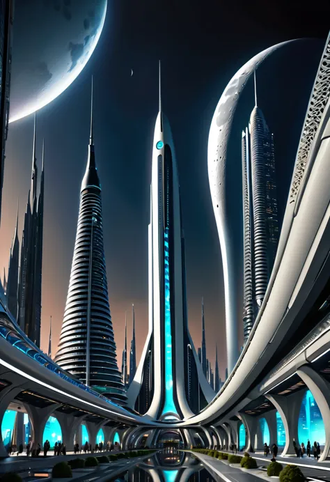 futuristic city with futuristic architecture and a moon in the sky, huge futuristic temple city, beautiful city of the future, f...