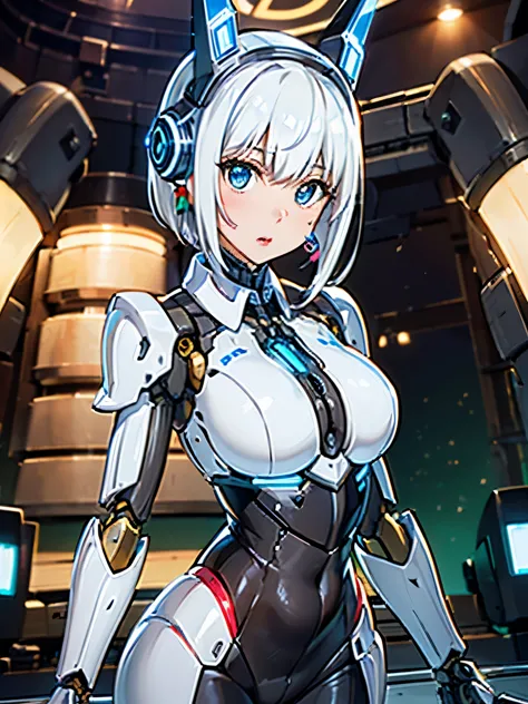 ((((alone:1.6))))、未来的な白い光沢のある重装甲robot suitを着た女の子が写真を撮る、perfect android girl, Gynoid cyborg heavily armored body, perfect anime c...