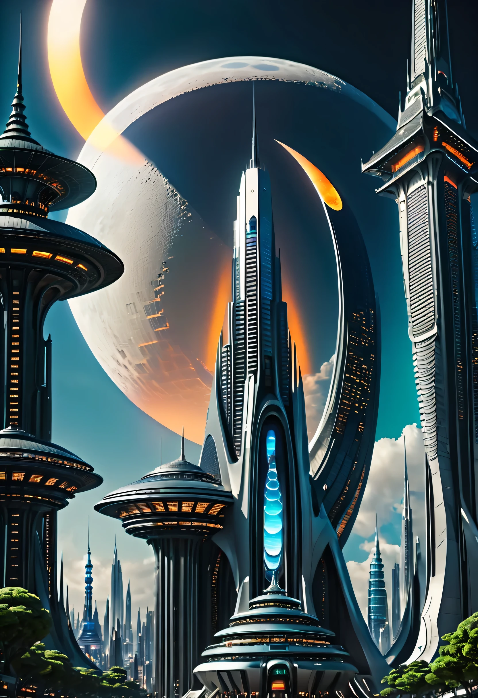 未来的な建築物と空に浮かぶ月のある未来都市, 巨大な未来的な寺院都市, beautiful 未来の都市, 未来的な設定, 未来的な宇宙港, 未来の谷, 異世界の未来都市, 未来的な宮殿, ファンタジーSF都市, 異星の都市, エイリアンの未来都市, SF都市, 未来の都市, 未来の異星都市, 未来のユートピア