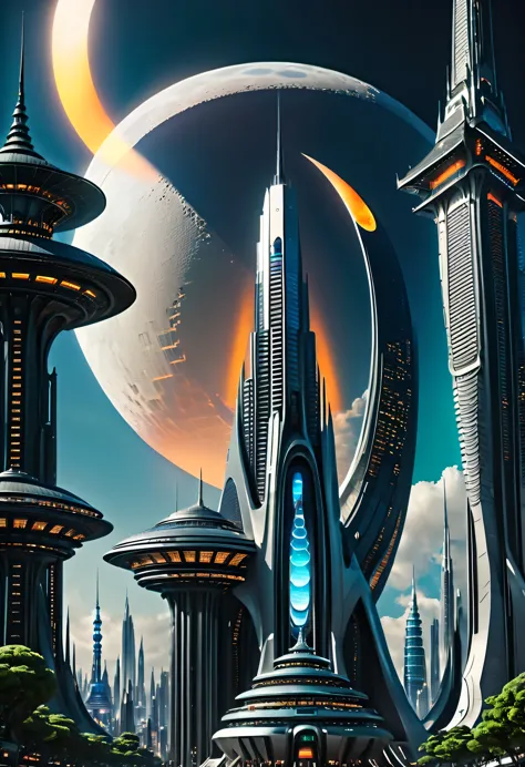 futuristic city with futuristic architecture and a moon in the sky, huge futuristic temple city, beautiful city of the future, f...