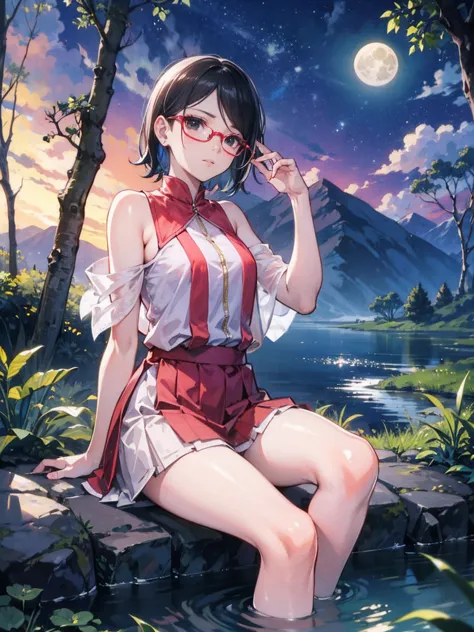 Sarada Uchiha with short hair,black eyes,wearing prescription glasses,1girl,She is wearing a Nude Skirt and Snake Print Blouse s...