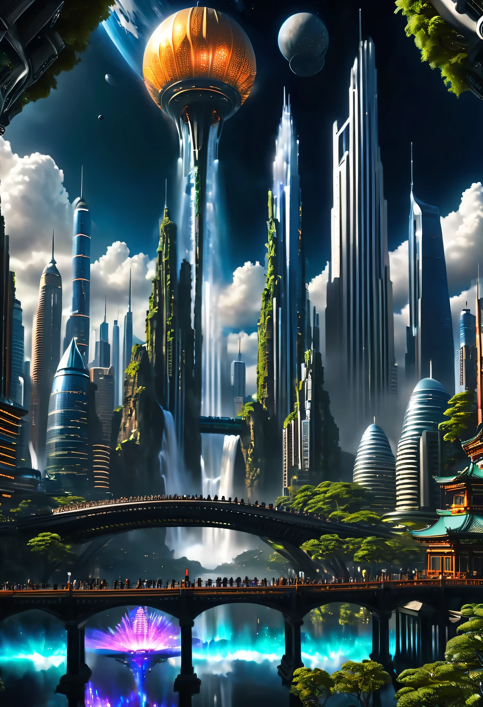 Space City、futuristic cities、floating in the universe、ＳＦart by，cyberpunked、The streets are lined with skyscrapers、A space station、Skyscrapers tall through the clouds，top-quality、​masterpiece、dream、utopian、planet earth、World of Dreams、Fantasia、𝓡𝓸𝓶𝓪𝓷𝓽𝓲𝓬、Beautiful city、Space City、A world far beyond human creation，There is a huge waterfall，