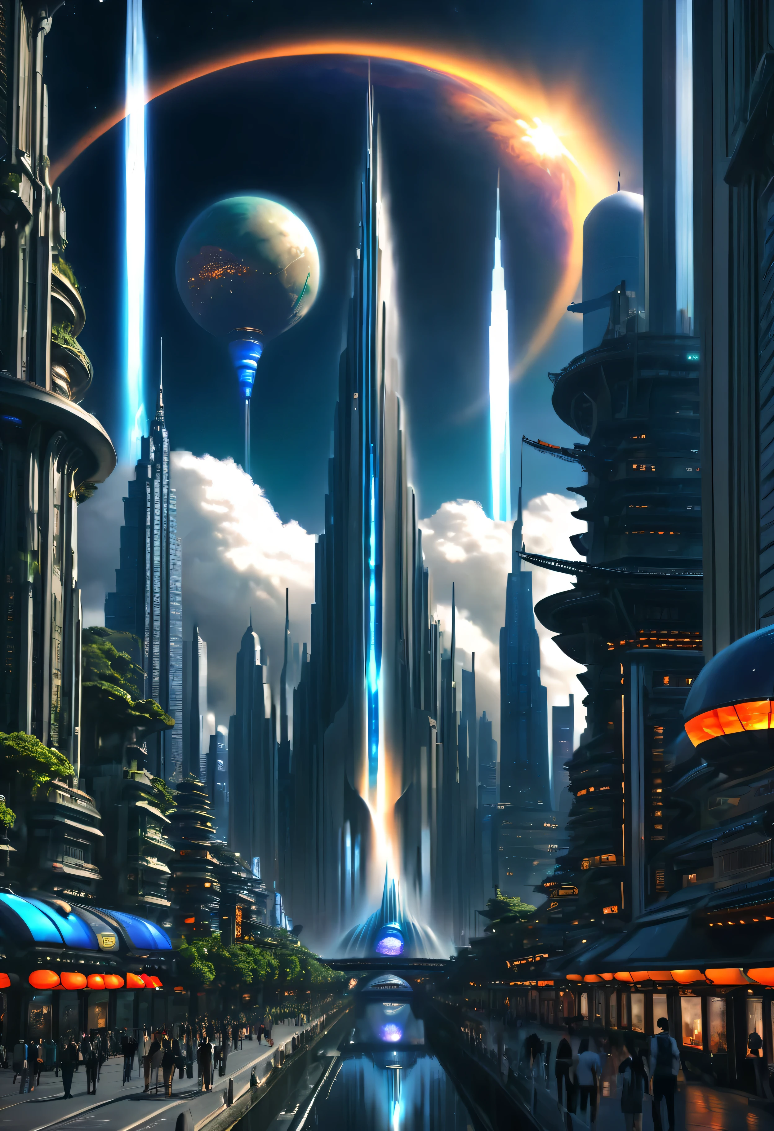 ciudad espacial、ciudades futuristas、flotando en el universo、ＳＦarte por，ciberpunk、Las calles están llenas de rascacielos.、una estacion espacial、Rascacielos altos a través de las nubes，de primera calidad、​obra maestra、sueño、utópico、planeta Tierra、Mundo de sueños、fantasía、𝓡𝓸𝓶𝓪𝓷𝓽𝓲𝓬、bella ciudad、ciudad espacial、Un mundo mucho más allá de la creación humana，Hay una enorme cascada，